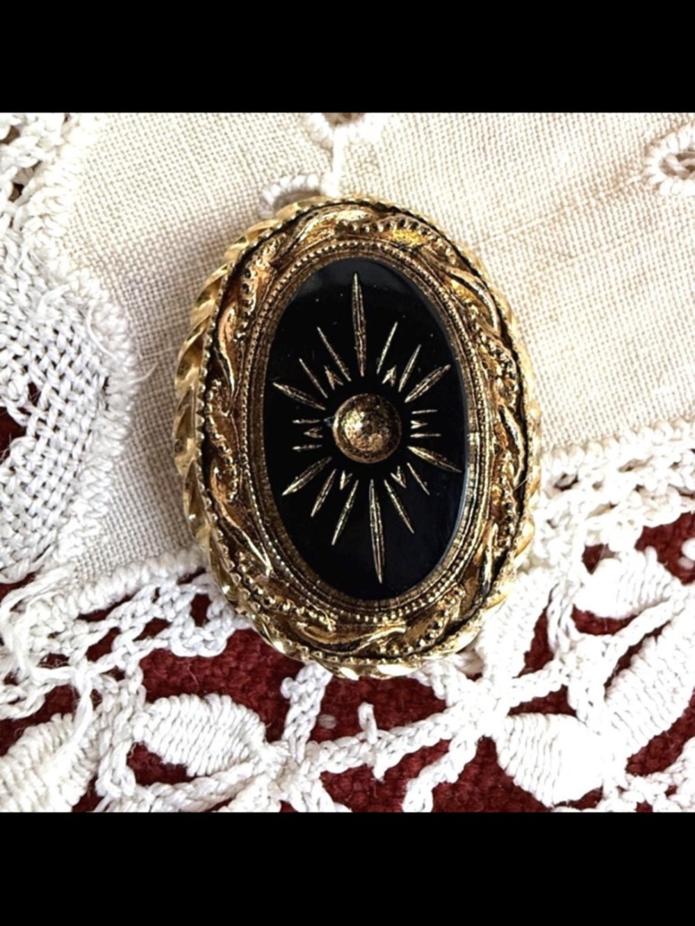 Antique Victorian Etruscan Revival Black Onyx Sunburst Brooch Gold Filled